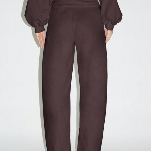 Coffee Brown Women's Casual High Waist Wide Leg Trousers - Picture 2 of 5